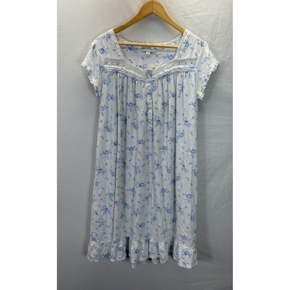 Eileen West Short Sleeve Nightgown Blue Floral Eyelet Lace Trim Size XL